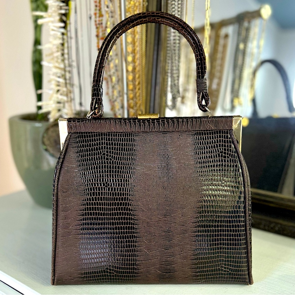 Vintage Brown Crocodile Print Handbag - Embossed Top Handle Satchel Made in USA